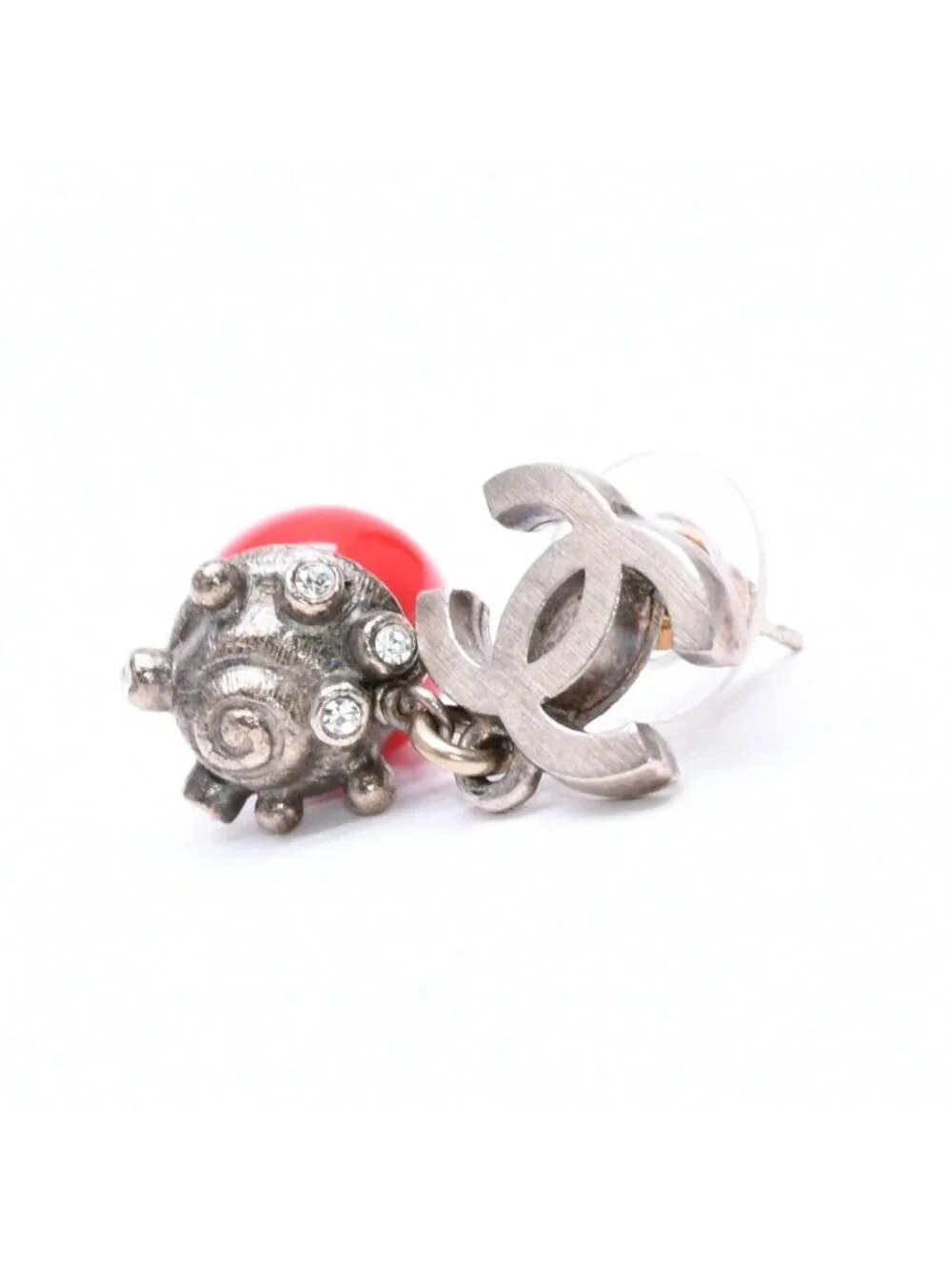 Chanel Earrings CC Logo Red Stone Rhinestone 05 Seashell